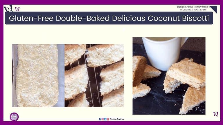 an image of a white mug with coffee and slices of Gluten-Free Double-Baked Coconut Biscotti