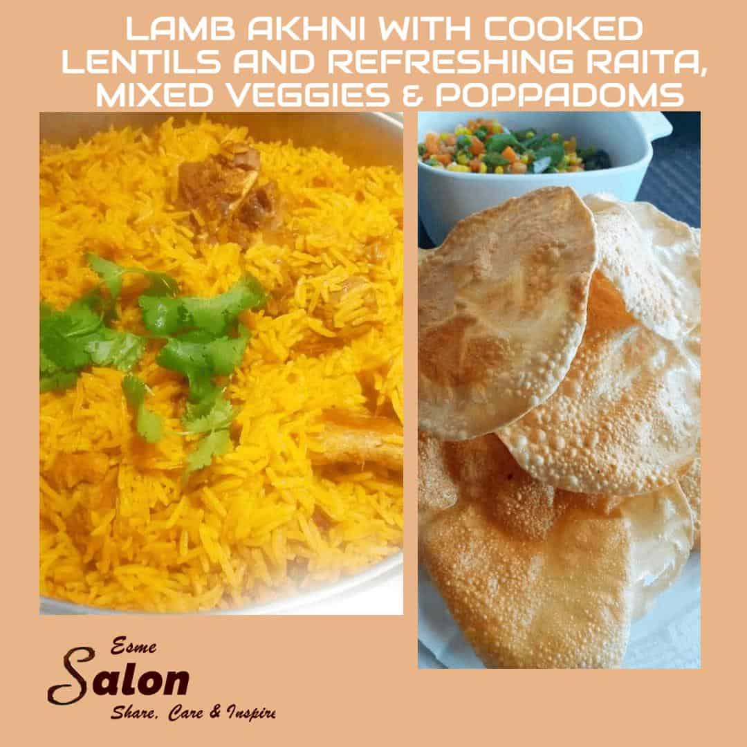 Lamb Akni with Cooked Lentils and Refreshing Raita