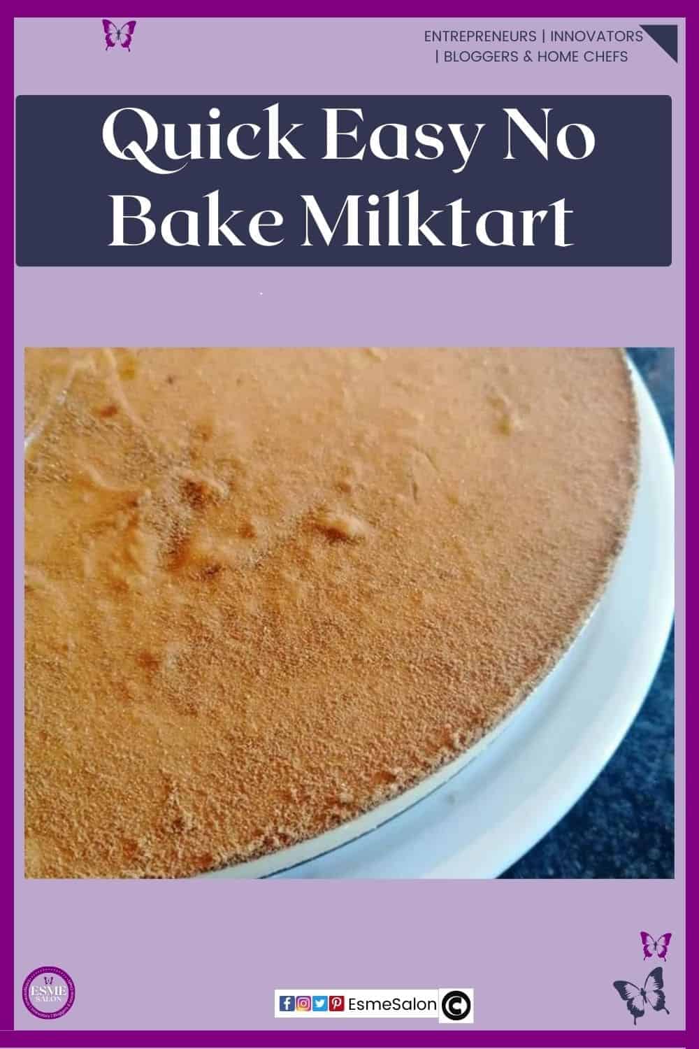 an image of a half round of Quick Easy No Bake Milktart on a white side plate