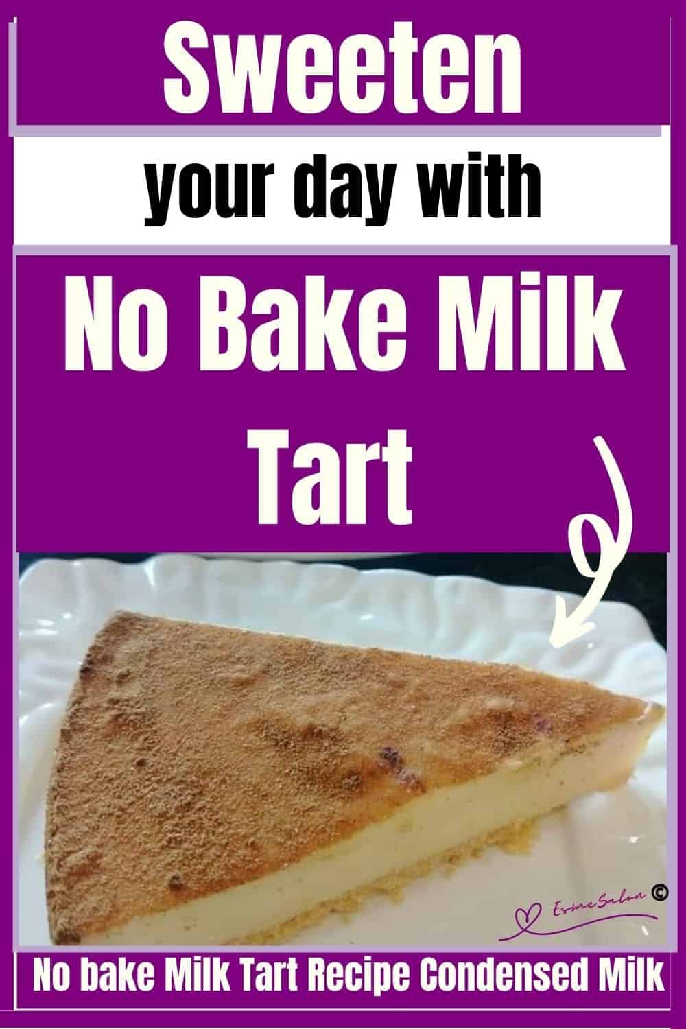 an image of a white serving plate with a slice of No Bake Milk Tart dusted with cinnamon
