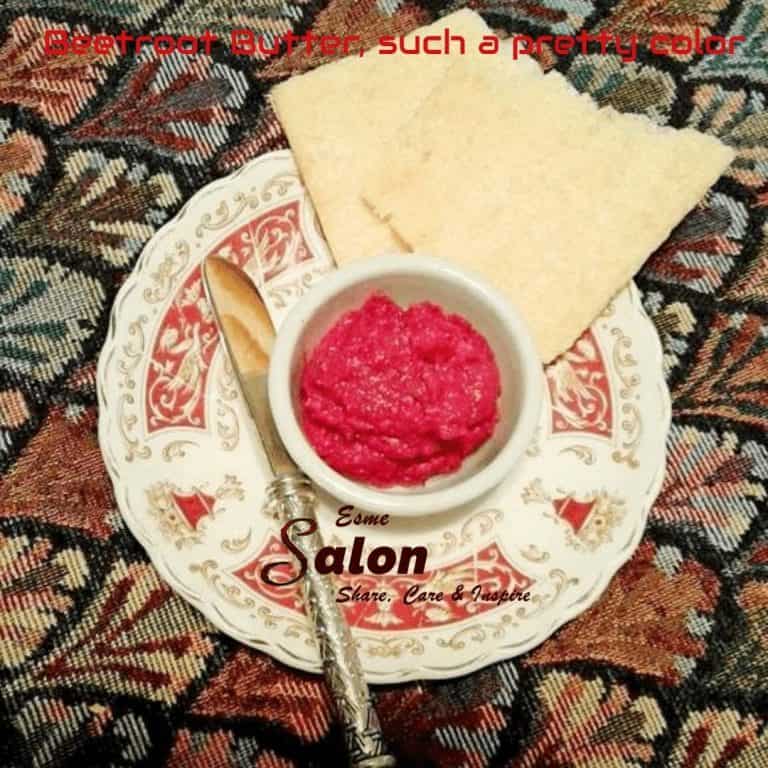 Beetroot Butter served in a pretty white and pink flower bowl