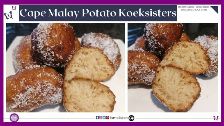 an image of Cape Malay Potato Koeksister covered with coconut and once sliced open