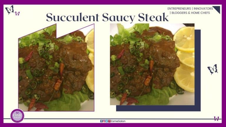 an image of a plate filled with saucy steak with slices of lemon on the side