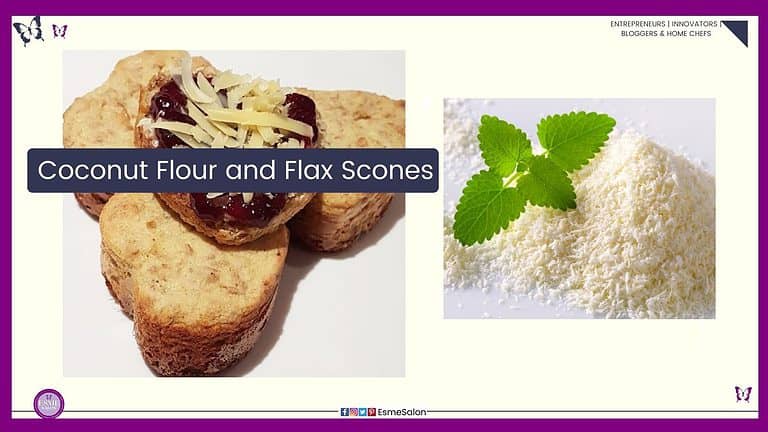 an image of 4 heart shaped Coconut Flour and Flax Scones with jam and shredded cheese