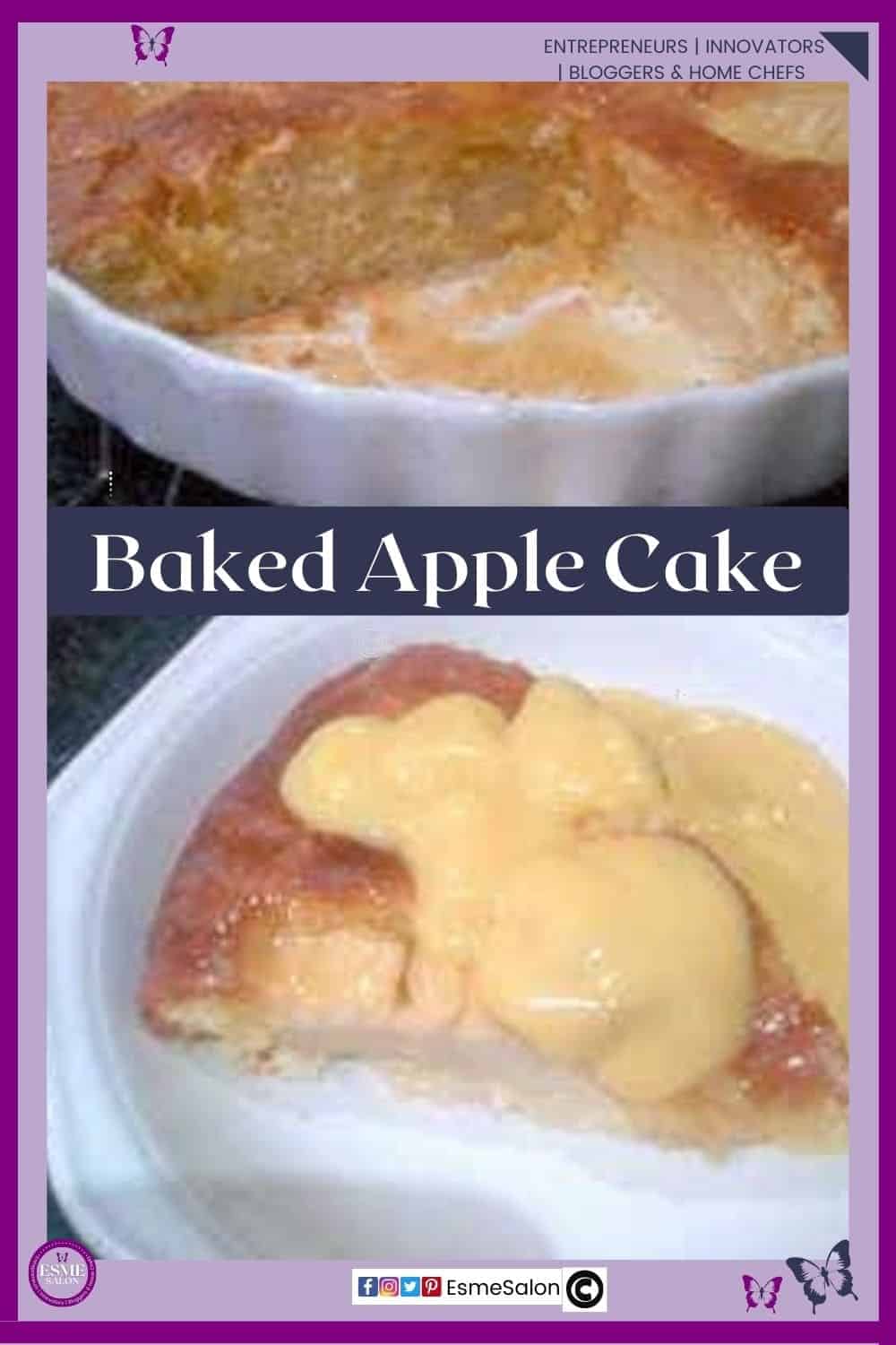an image of a white fluted pie plate with a Homemade Baked Apple Cake with sauce topping