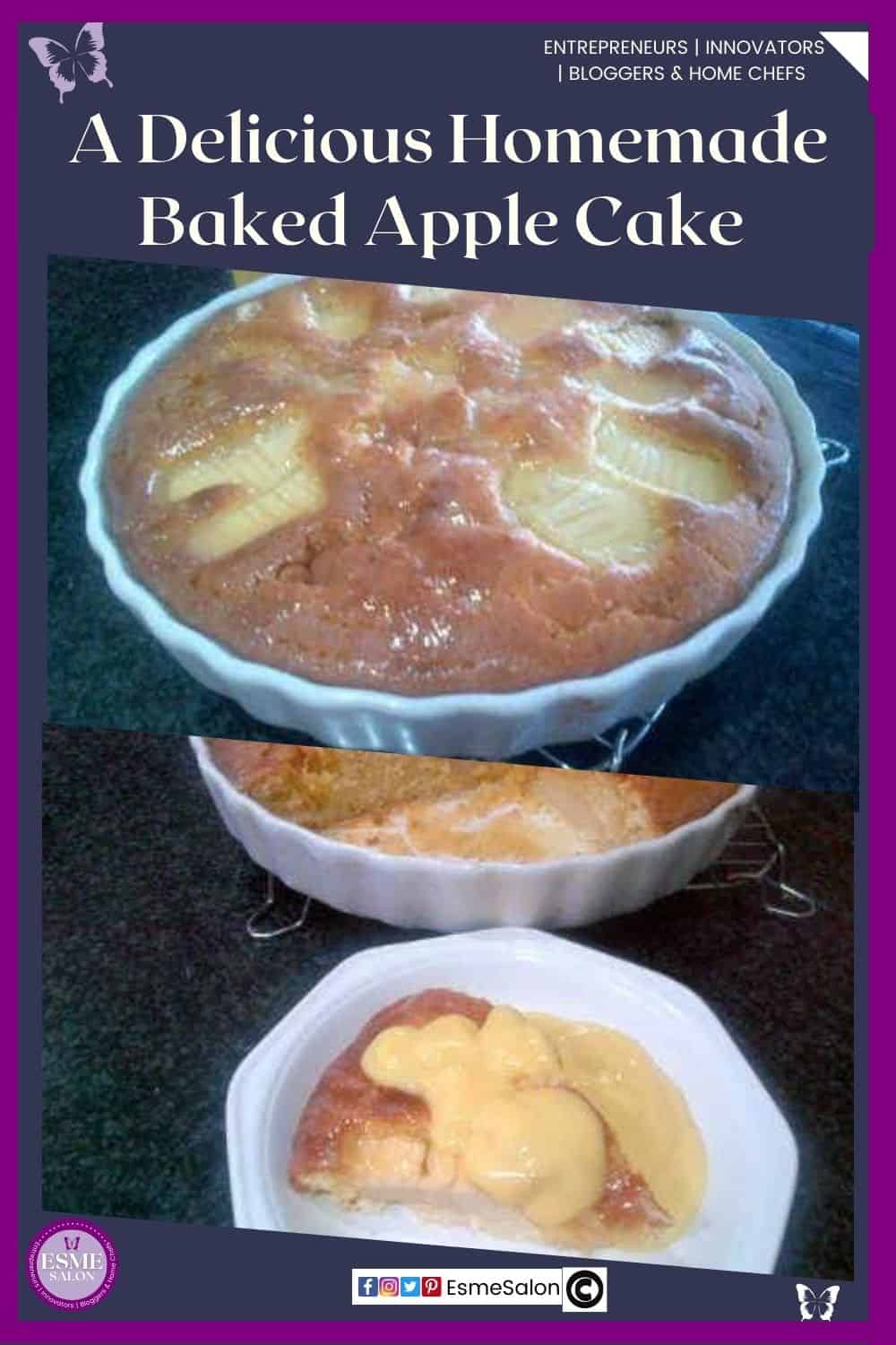 an image of a white fluted pie plate with a Homemade Baked Apple Cake with sauce topping
