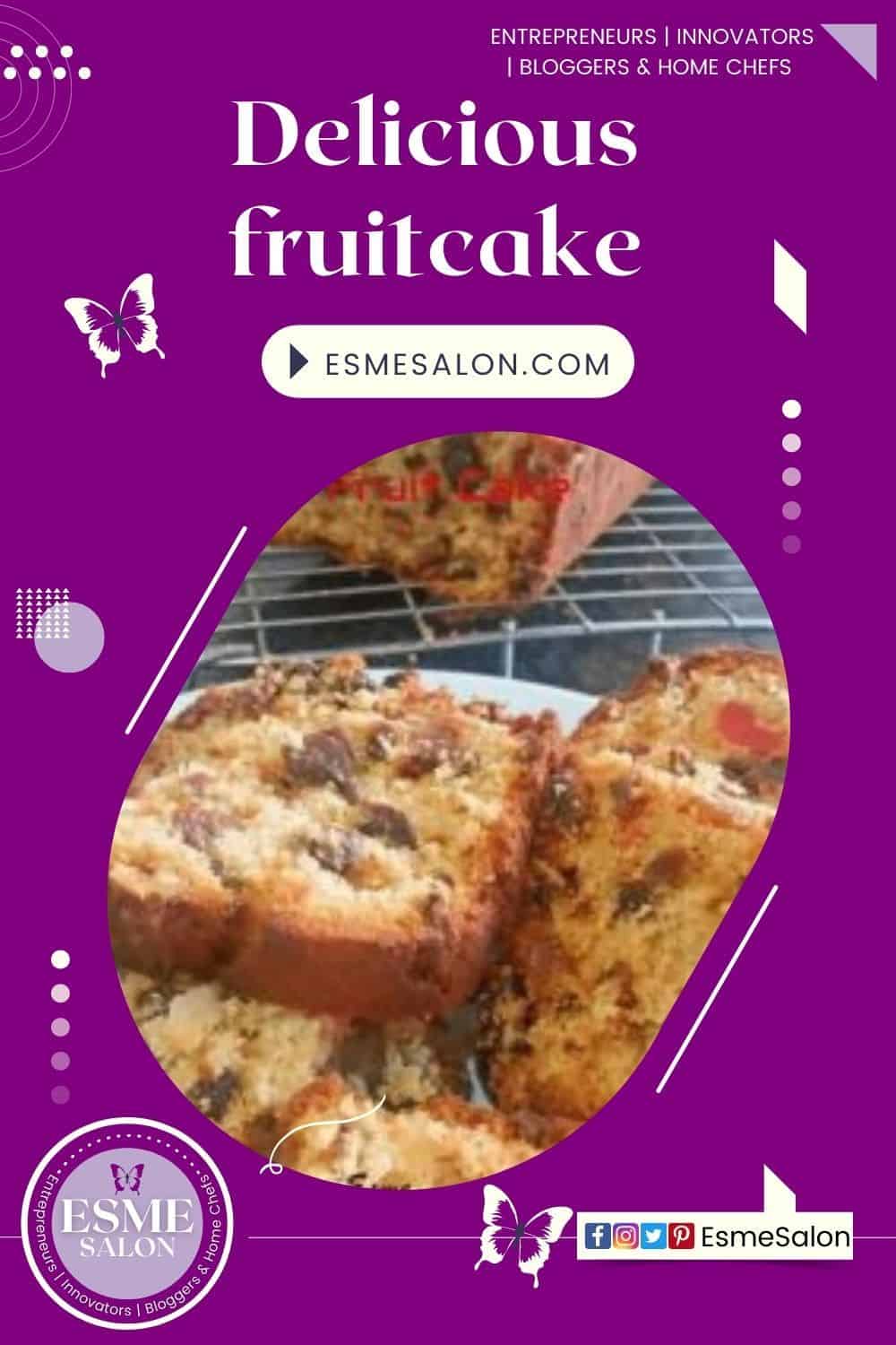 An image of slices of Delicious fruitcake made with dried fruit on a cooling wire rack
