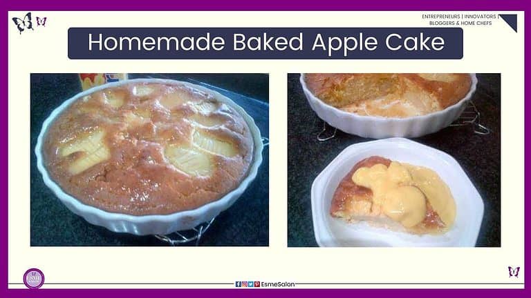 an image of a white fluted pie plate with a Homemade Baked Apple Cake with sauce topping