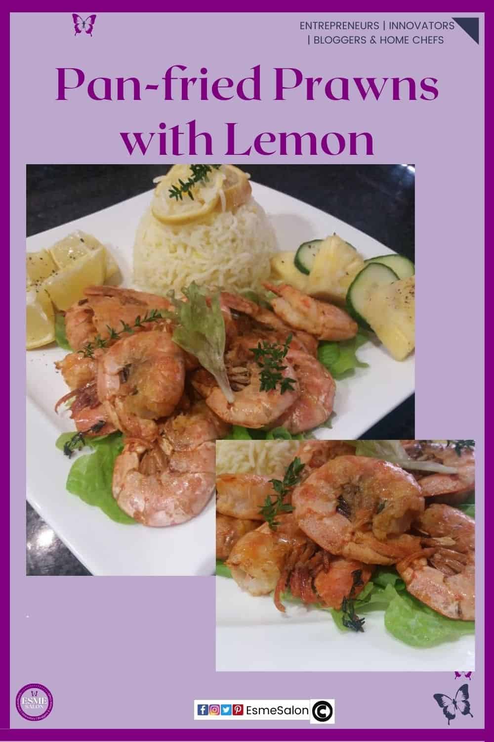 an image of a square white plate Pan-fried Prawns with Lemon and saffron rice
