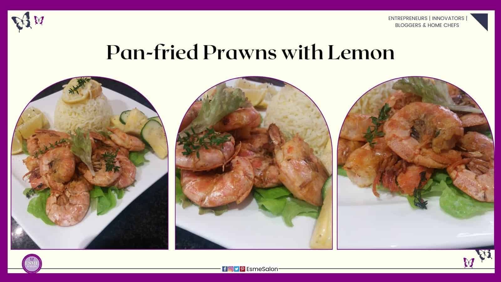 an image of a square white plate Pan-fried Prawns with Lemon and saffron rice