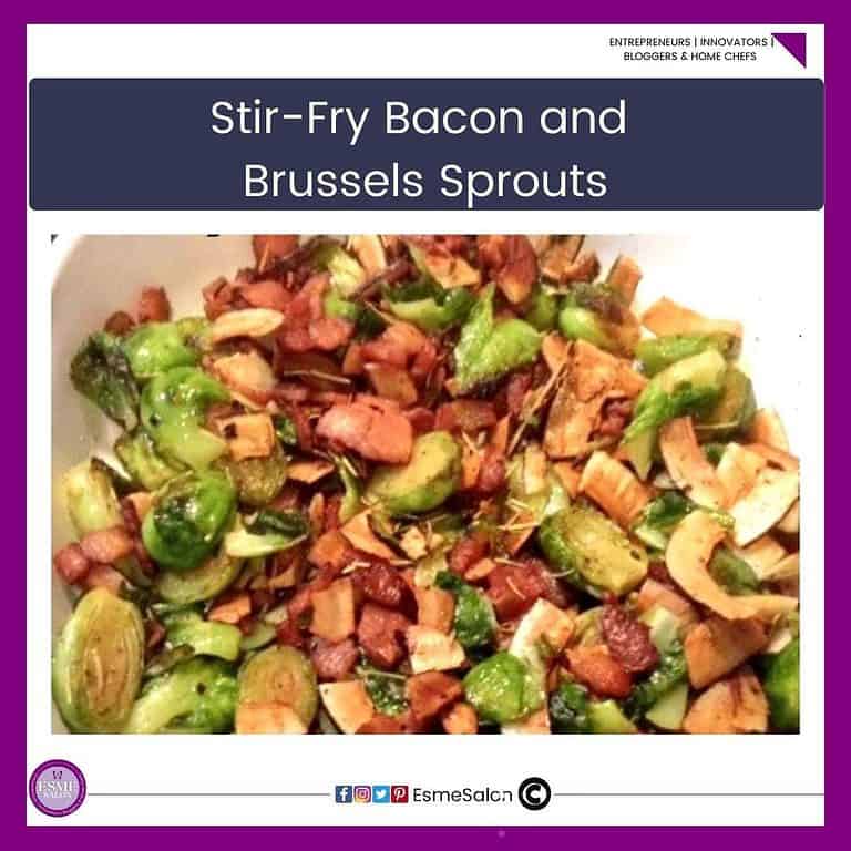 an image of a plate filled with Stir-Fry Bacon and Brussels Sprouts and sprinkled Sliced coconut shavings