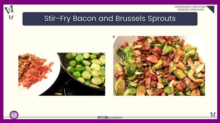 an image of a plate filled with Stir-Fry Bacon and Brussels Sprouts and sprinkled Sliced coconut shavings
