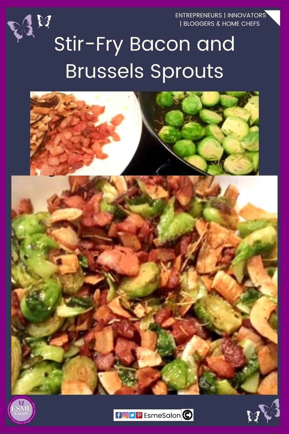 an image of a plate filled with Stir-Fry Bacon and Brussels Sprouts and sprinkled Sliced coconut shavings