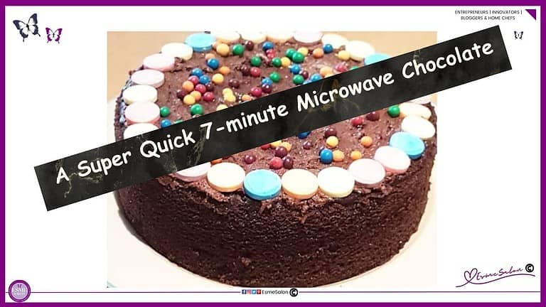 an image of a round chocolate cake with chocolate frosting and lots of colored candy as decoration with naked sides