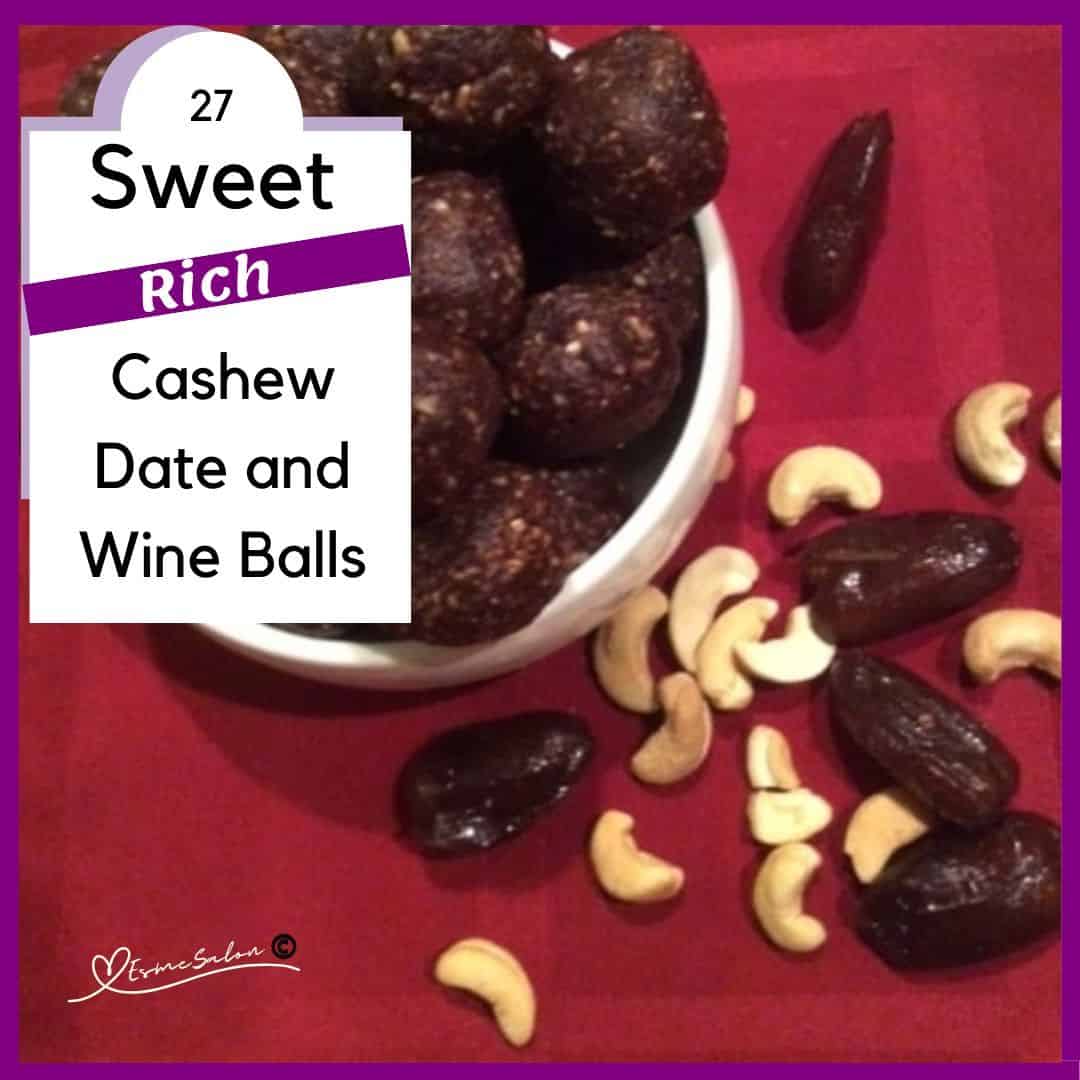 an image of Cashew Date and Wine Balls on a red background
