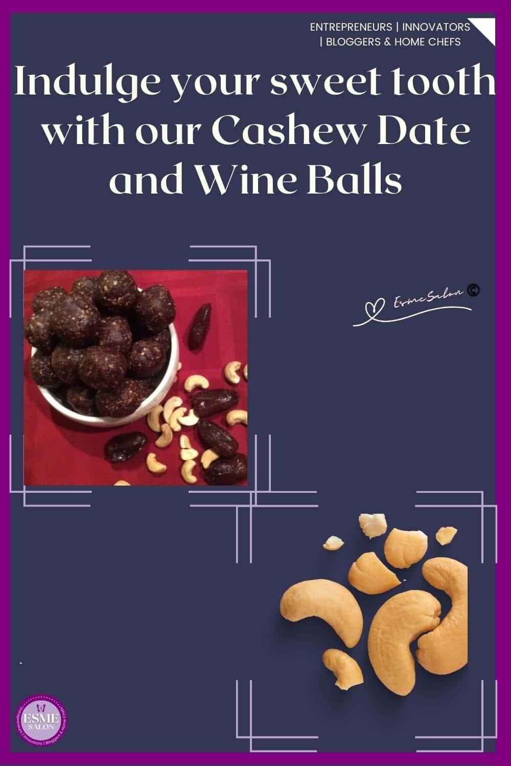an image of Cashew Date and Wine Balls on a red background