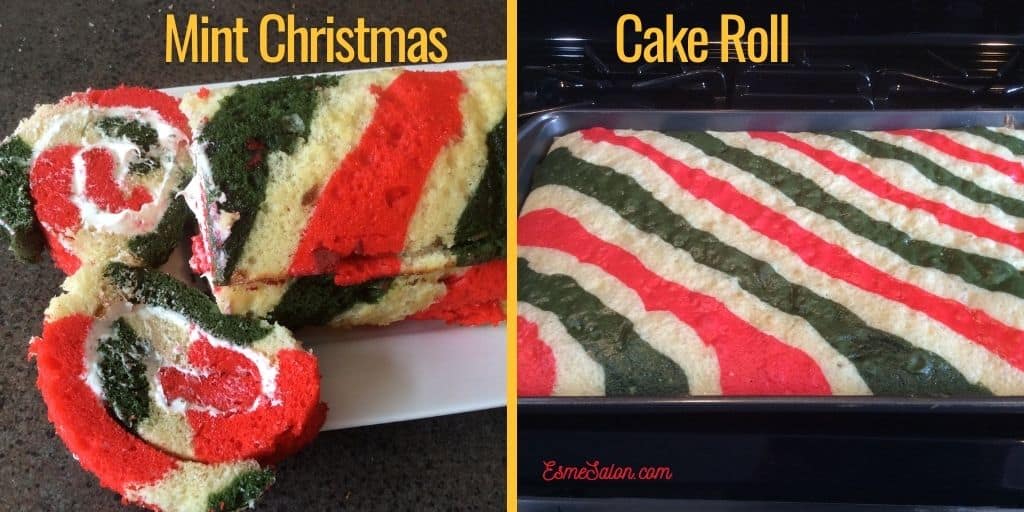 White Cake Mix used with create red, white and green Christmas cake roll with Whipped Vanilla Frosting in the roll
