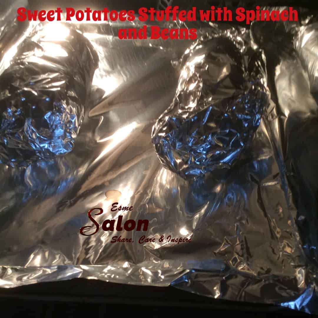 Sweet Potatoes Stuffed with Spinach and Beans In foil