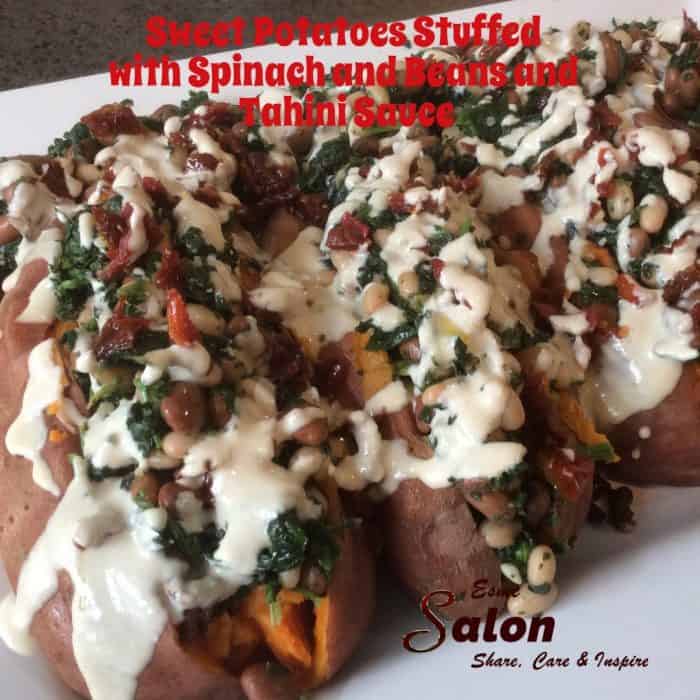 Sweet Potatoes Stuffed with Spinach and Beans with Tahini