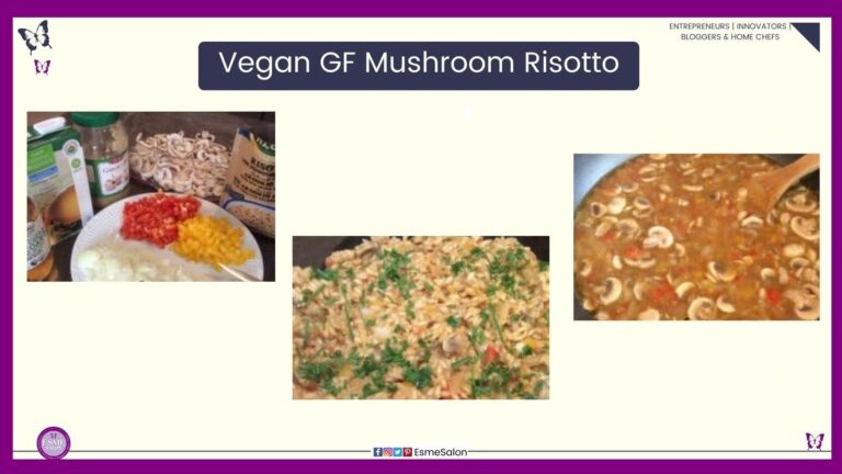 an image of ingredients as well as a pan filled with Vegan GF Mushroom Risotto