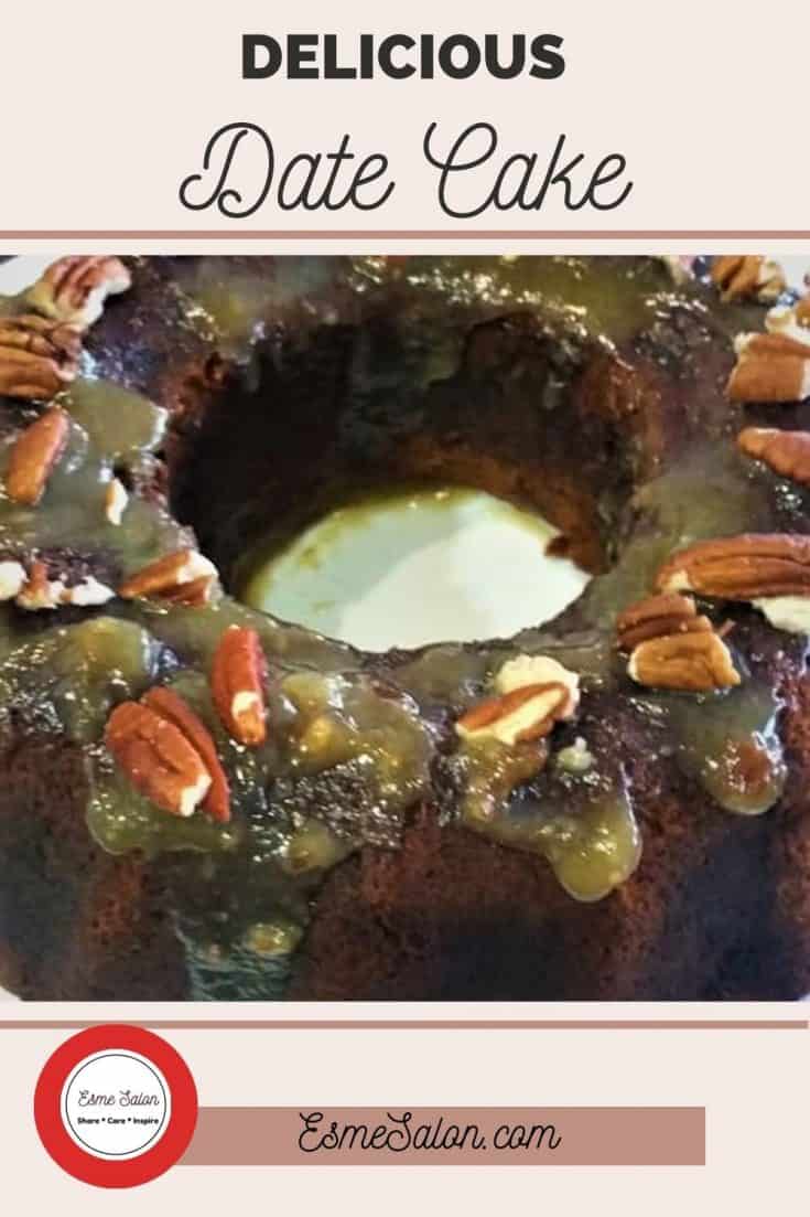 Date Cake in a ring form with sauce and walnuts