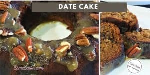 Date Cake in a ring form with sauce and walnuts