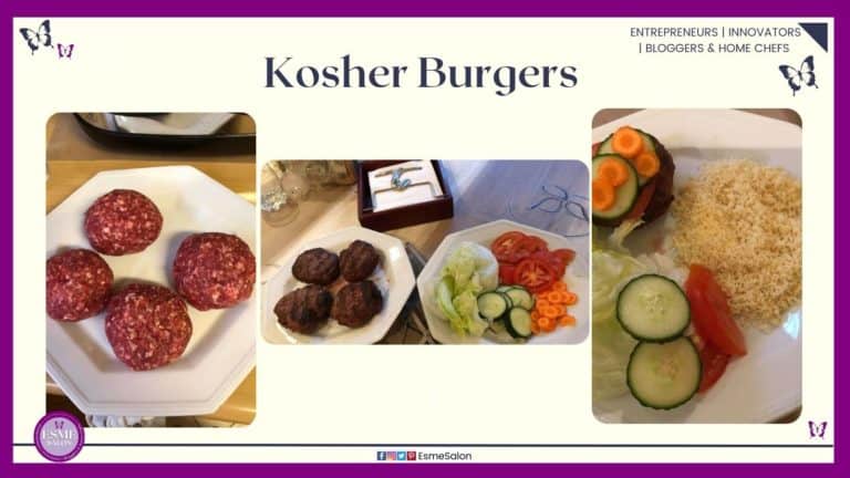 an image of 4 raw homemade Kosher Burgers as well as plated with a side of salads