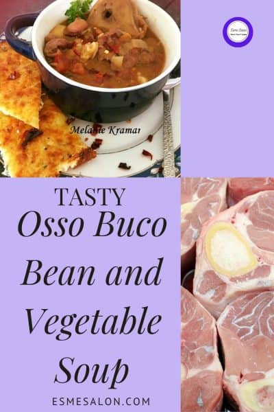 Osso Buco Bean and Vegetable Soup in a black adn white bowl