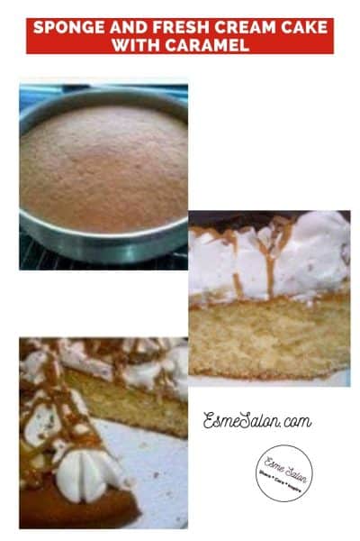 Sponge in baking pan as well as sliced with Fresh Cream Cake with Caramel