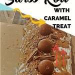 Chocolate Swiss Roll with caramel and round chocolate balls as decoration