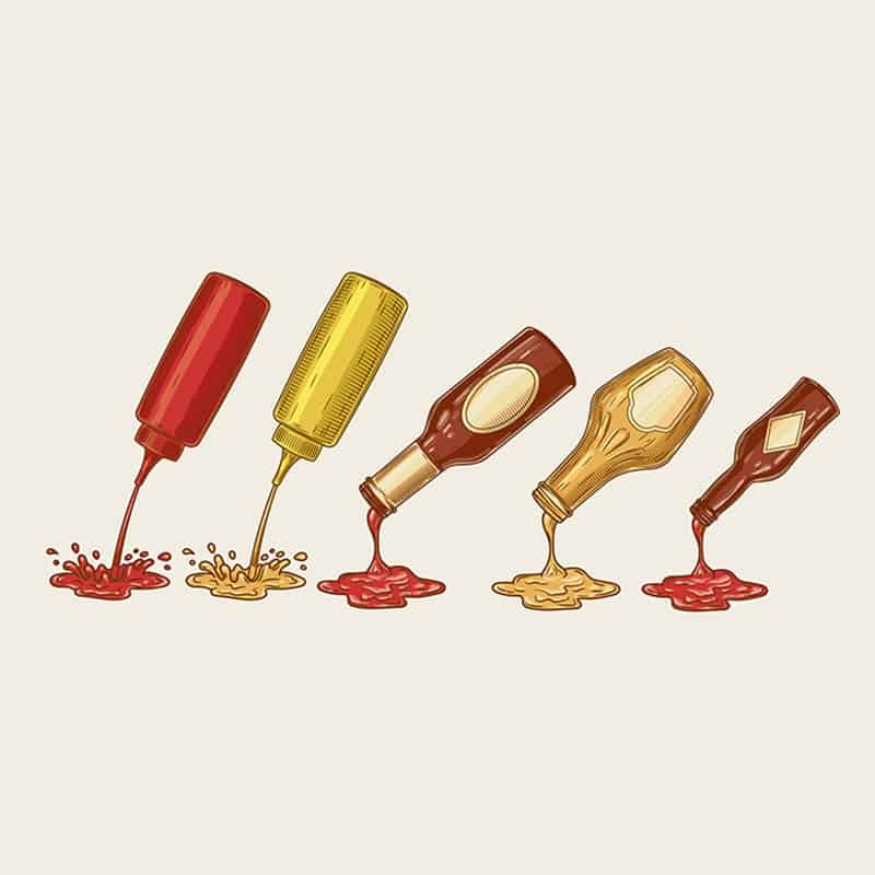 Different sauces are poured from bottles. Ketchup, mayonnaise, mustard, chilli sauce and others