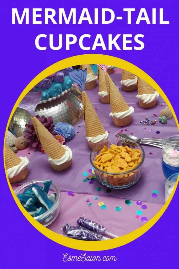 Mermaid-tail cupcakes made of icecream cones and painted paper tails