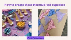 Mermaid-tail cupcakes made of icecream cones and painted paper tails