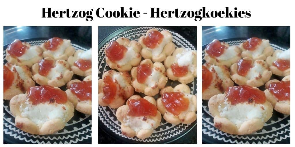 Hertzog Cookie with jam on a white and black plate