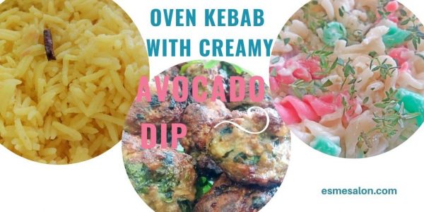 Oven Kebab with Avocado Dip and yellow rice