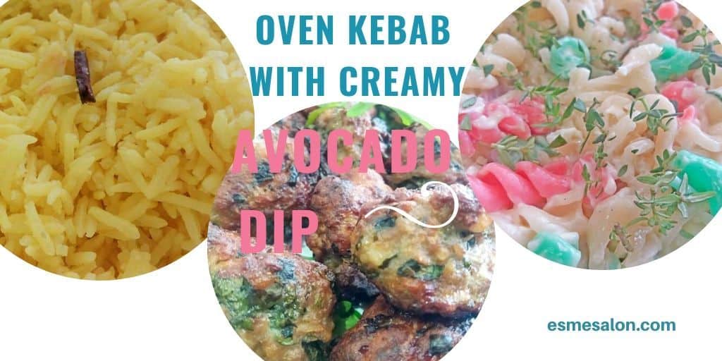 Oven Kebab with Avocado Dip and yellow rice