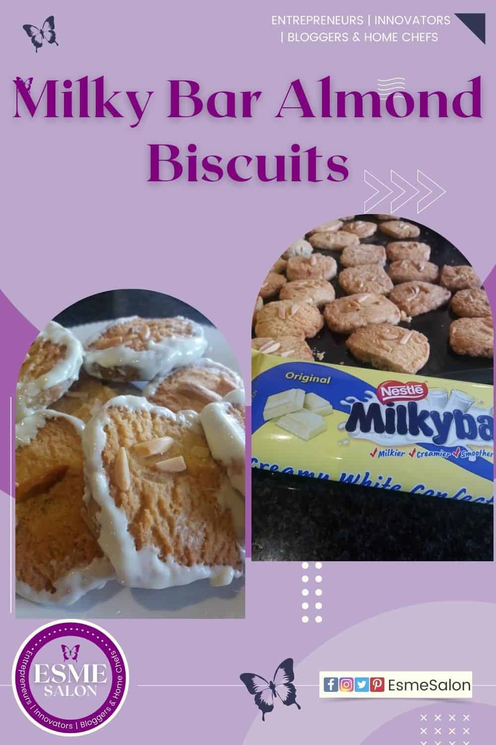 Milky Bar Almond Biscuits in a tin dipped in chocolate and topped with slivered almonds
