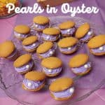 Pearls in Oyster Cookies made with Nilla cookies, lilac icing in between two biscuits and a pearly hard candy ball for the pearl