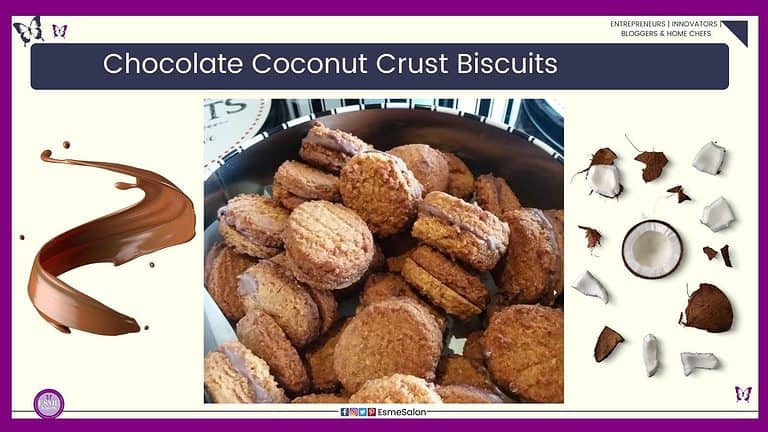 an image of a tin with white and black stripes filled with Chocolate Coconut Crust Biscuits