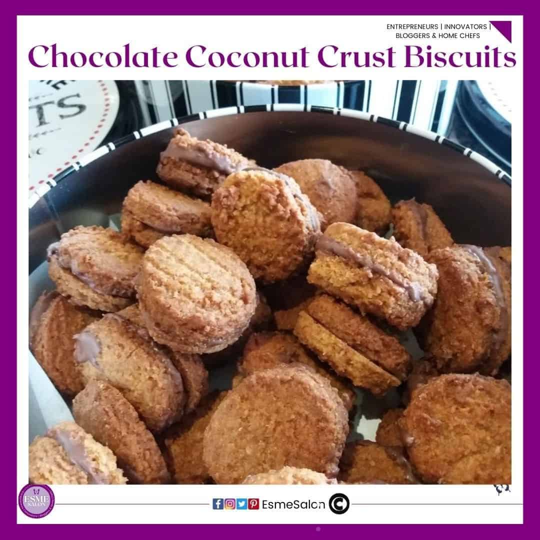 an image of a tin with white and black stripes filled with Chocolate Coconut Crust Biscuits