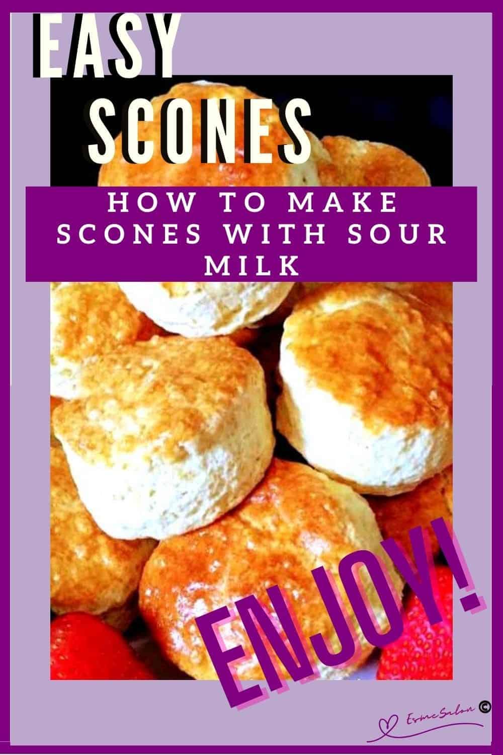 an image of sour milk scones placed on a glass tray with fresh strawberries on the side