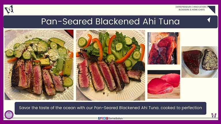 an image of a white plate with mouthwatering Pan-Seared Blackened Ahi Tuna and salad