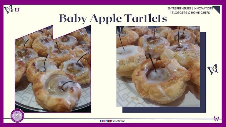 an image of small tartlets with single small baby apples and icing drizzled over the apple
