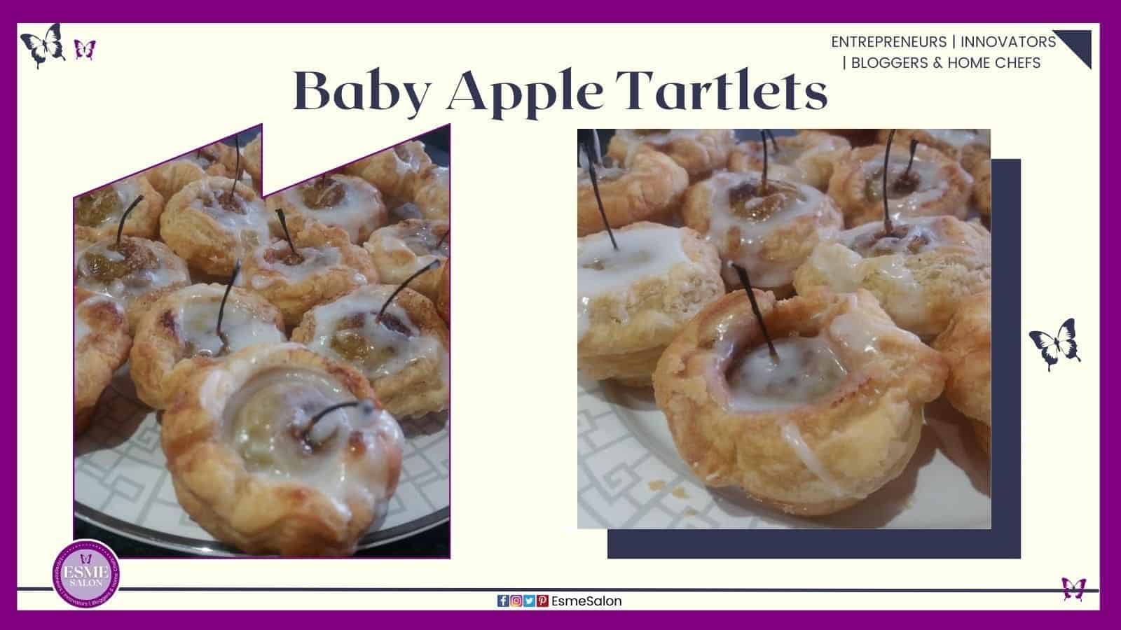 an image of small tartlets with single small baby apples and icing drizzled over the apple