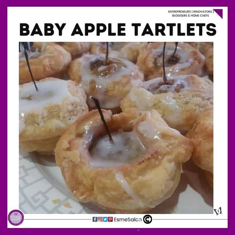 an image of small tartlets with single small baby apples and icing drizzled over the apple