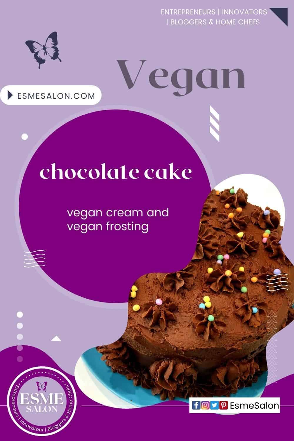 A Vegan Chocolate Cake with vegan cream and vegan chocolate topping with colored sprinkles