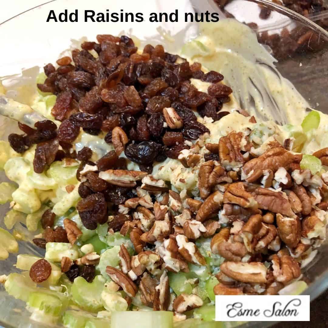 Celery with sauce, raisins and nuts