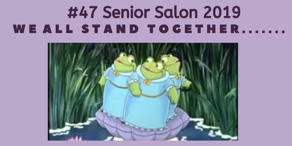 Three frogs dressed in blue frocks singing we stand together