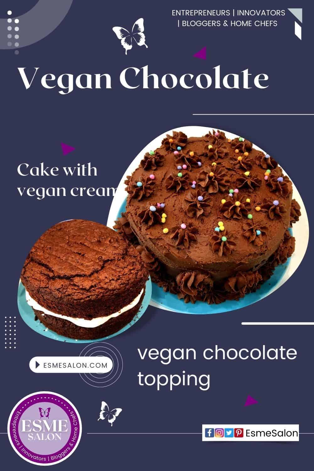 A Vegan Chocolate Cake with vegan cream and vegan chocolate topping with colored sprinkles