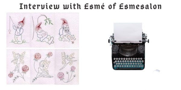 Interview with Esmé of Esmesalon on a pink background with hand pin prick embroidered cards and an old school manual typewriter